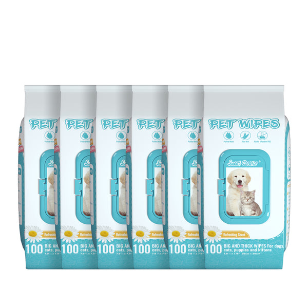 Sweet Carefor Pets Wipes for Dogs & Cats, Grooming Pet Wipes for Paws, Body, Noses and Butt, 6 Pack Pouches, Total 600 Count JF3003x6