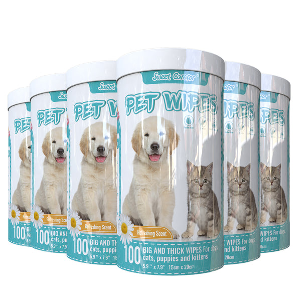 Sweet Carefor Pets Wipes for Dogs & Cats, Grooming Pet Wipes for Paws, Body, Noses and Butt, 6 Pack Canisters, Total 600 Count JF3010x6